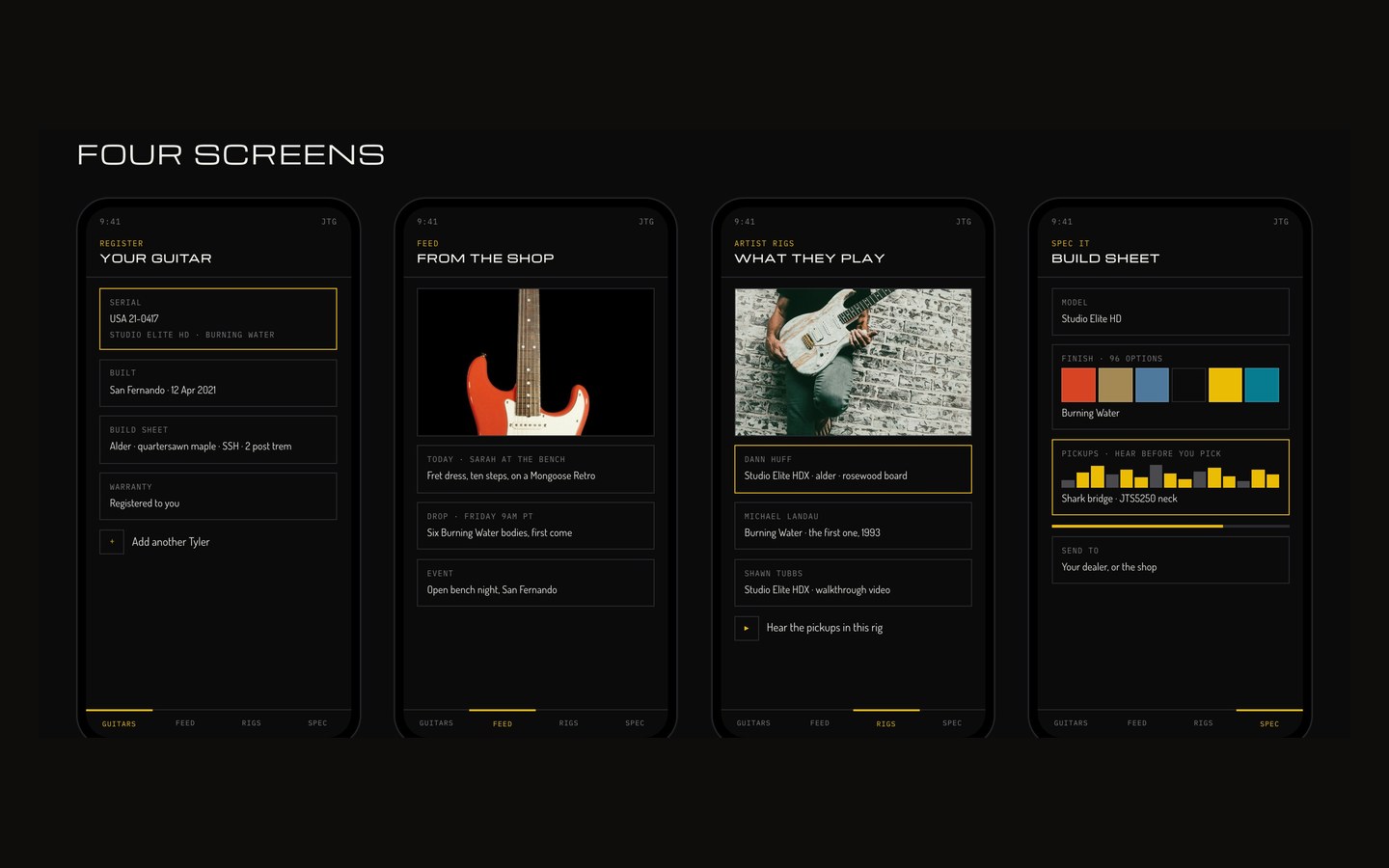 Four screens from the James Tyler owners app concept
